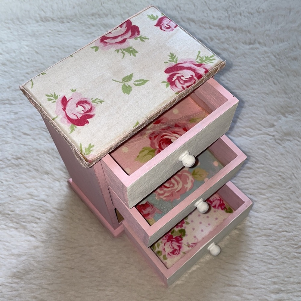 Wood Pink fabric Floral Jewelry Organizer Mini Chest - Small 3-Drawer Storage